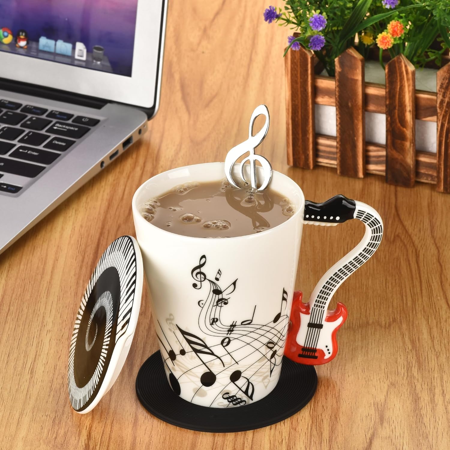 12.9 oz Guitar Novelty Mug Musical Notes Design Guitar Coffee Cup with Music Cool Themed Lid and Spoon & Coaster,Gifts for Guitar Players Musician,Music Lovers Gift for Women,Men,Red - Image 3