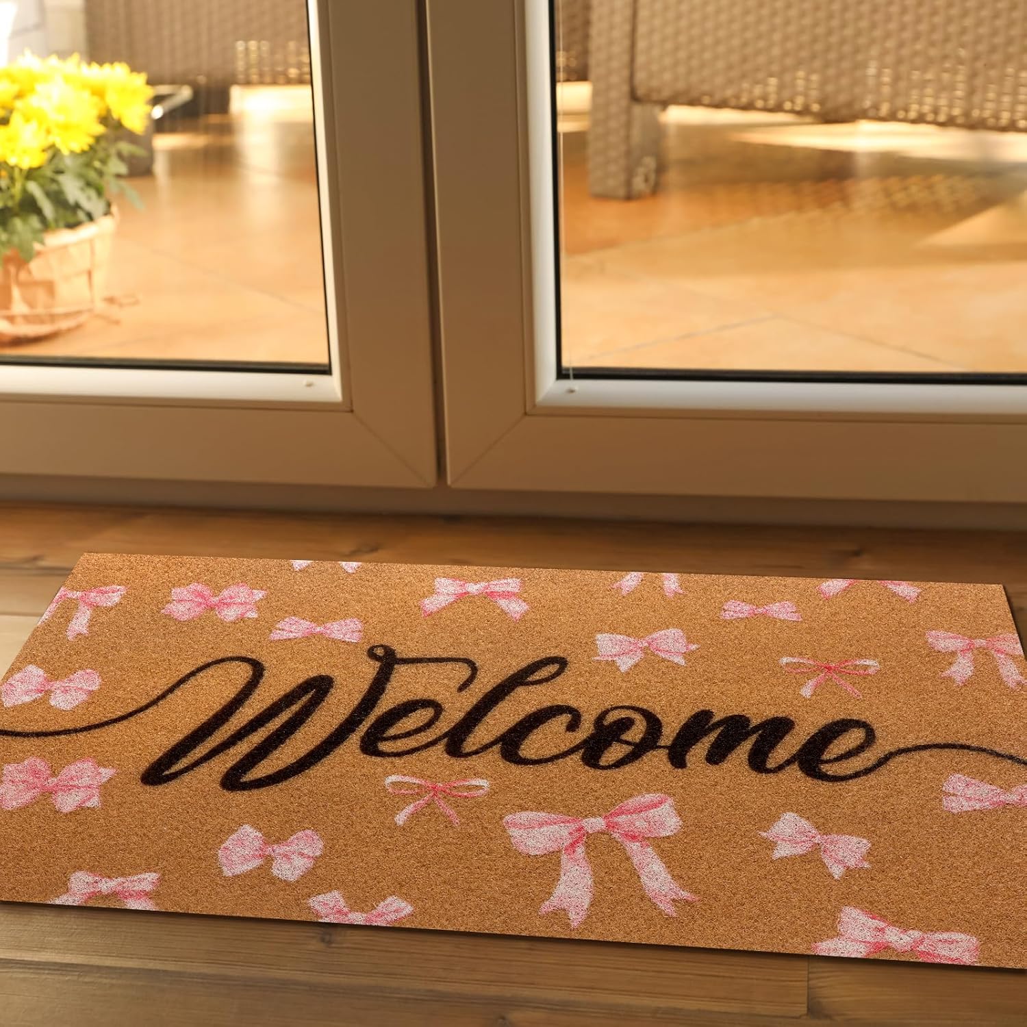 Tinideya Pink Bow Nature Coir Doormat Outdoor Cute Welcome Mats Non Slip Coquette Pink Bow Mat for Front Door Porch Coquette Party Outdoor Entryway Decor, 17 x 30 Inch(Black Welcome) - Image 2