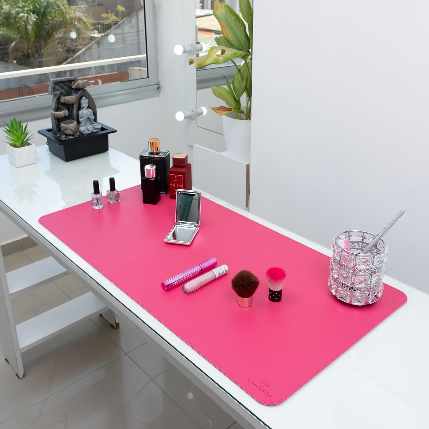 Desk Mat -Computer Desk mat with Non Slip Suede Bottom with Stitched Edges- Waterproof - Leather Desk pad PU Desk Cover for Home, Mouse, Makeup Mat for Vanity (Pink, 35.4 x 15.7) - Image 4