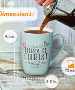 Alternative view of Christian Art Gifts Inspirational Microwave/Dishwasher Safe Ceramic Coffee & Tea Scripture Mug for Women: All Things Through Christ Encouraging Bible Verse, Cute Butterflies, Light Blue/White, 12 oz.