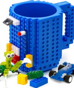 Build-on Brick Mug BPA-Free Funny Mugs with 3 Packs of Building Bricks, Funny Cups for Kids - Creative Building Block Mug DIY Idea 16OZ (Blue)