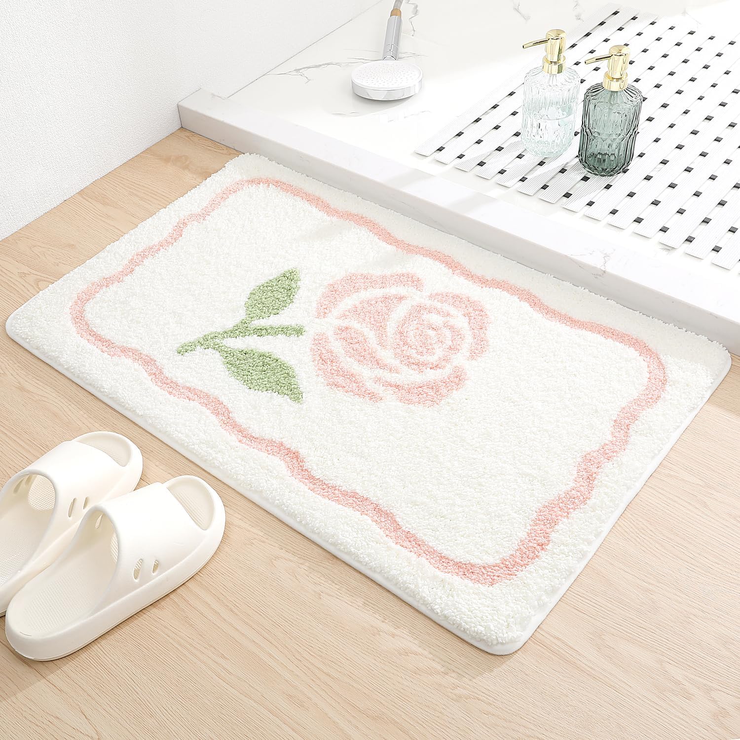 Molesun Floral Bath Mat, Bathroom Rug Non-Slip Soft Shower Rug Microfiber Cute Bath Rug for Kids, Water Absorbent Thick Shaggy Floor Mats for Bedroom, Kitchen, Home Decor, 16x24