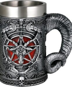 alikiki Medieval Baphomet Head Beer Mug - Sabbatic Goat Pentagram Drinking Tankard 21oz Stainless Steel Wine Coffee Cup Novelty Gothic Father Day Gift Party Decorations