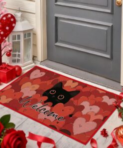 Alternative view of Valentines Day Door Mat, Black Cat Heart Welcome Doormat, Cute Kitty Lover Front Door Mat for Porch Entryway Patio Kitchen Indoor Decor (16"??28")