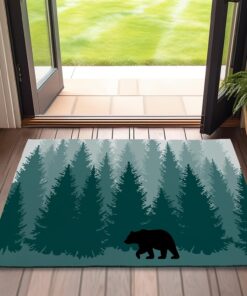 SPUNKER Door Mat,Forest Bear Front Doormats 17''x30'',Foggy Green Trees Indoor Outdoor Entrance Welcome Mat,Low-Profile Floor Rugs for Entry Patio