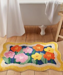 Aldopein Boho Floral Bath Mat 16''W x 24''L Non Slip Washable Cute Colorful Flower Daisy Bathroom Rug Water Absorbent, Vibrant Fluffy Shaggy Microfiber Shower Floor Mat Bath Rug for Bathroom