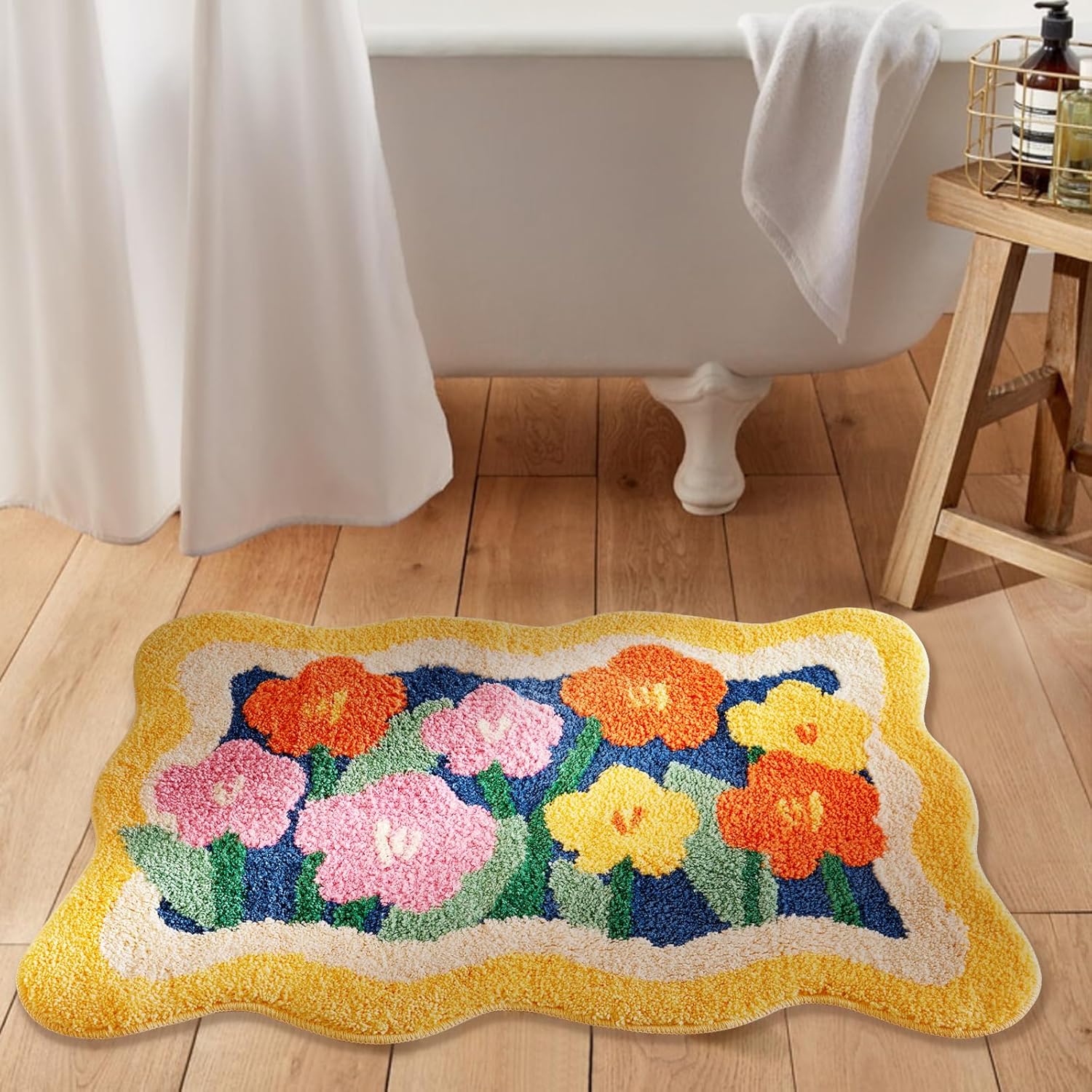 Aldopein Boho Floral Bath Mat 16''W x 24''L Non Slip Washable Cute Colorful Flower Daisy Bathroom Rug Water Absorbent, Vibrant Fluffy Shaggy Microfiber Shower Floor Mat Bath Rug for Bathroom