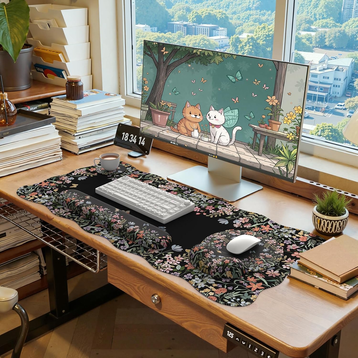 iLeadon Floral Desk Cover Mat Cute, Ergonomic Mouse Pad and Keyboard Wrist Rest, Smooth Mouse Pad Set, Non Slip Scalloped Desk Pad Mat for Keyboard and Mouse Set Women Aesthetics(Black) - Image 7