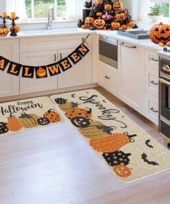2Pcs Halloween Fall Kitchen Floor Mats Doormat Scary Pumpkin Decorative, Non-Slip Crystal Velvet Rug, Indoor/Outdoor Waterproof Kitchen Mat for Front Door Porch Entryway Decor 16x24+16x47.2Inch