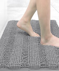 Grandaily Chenille Striped Bathroom Rugs 24x16, Extra Thick and Absorbent Bath Mats, Non-Slip Soft Plush Shaggy Shower Carpet, Machine Wash Dry, Bath Rug for Bathroom, (Small, Dark Gray)