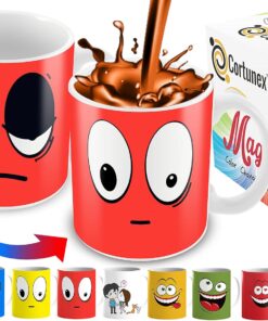 Cortunex Heat Changing Mug - 11 Oz Ceramic Color Changing Coffee Mug - Funny Red Wake Up Cartoon Smiley Face