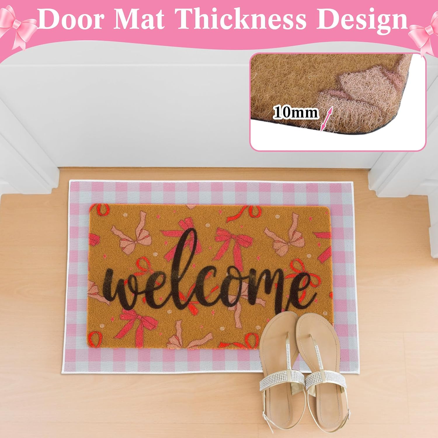Tinideya 2 Pcs Pink Bow Welcome Doormat 23x35 in Layered Buffalo Plaid Carpet Coquette Non Slip Pink Bow Bathroom Mat Coir Mats Cute for Entrance Porch Indoor Outside Home Decor Gift Supplies - Image 6