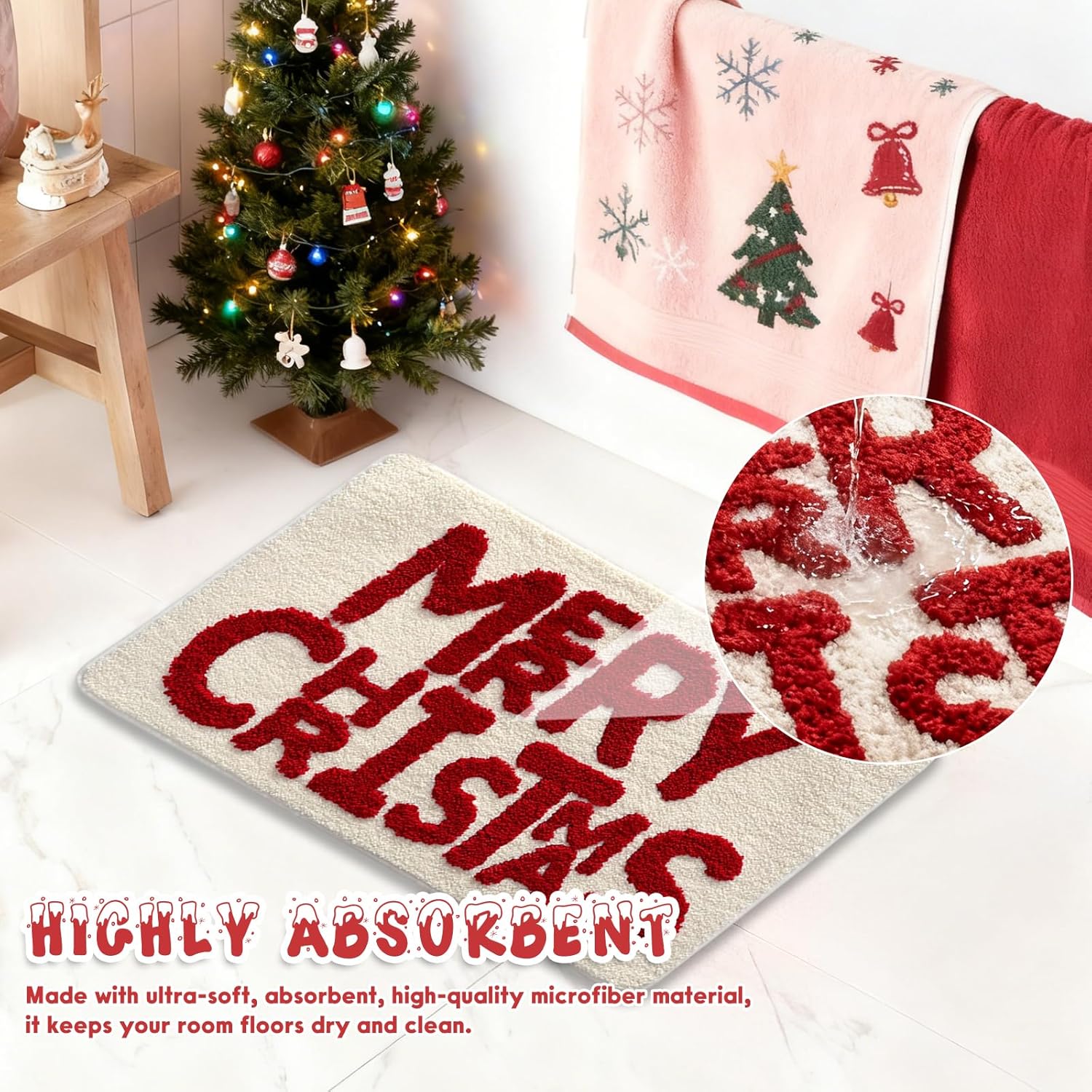 OFDNE Chirstmas Door Mat Cute Merry Christmas Welcome Doormat 24 * 16 Inch Xmas Welcome Mats Rug for Front Beige Winter Holiday Mat with Letter Designs for Indoor Outdoor Home Parte Decorations - Image 3