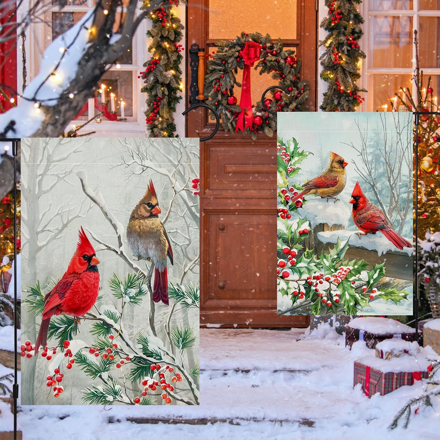 2 Pack Winter Cardinal Bird Garden Flags 12x18 Inch Double Sided Trees Snow Christmas Yard Flag Burlap Red Birds Welcome Garden Flag for Outdoor Yard Party Home Christmas Decoration - Image 7