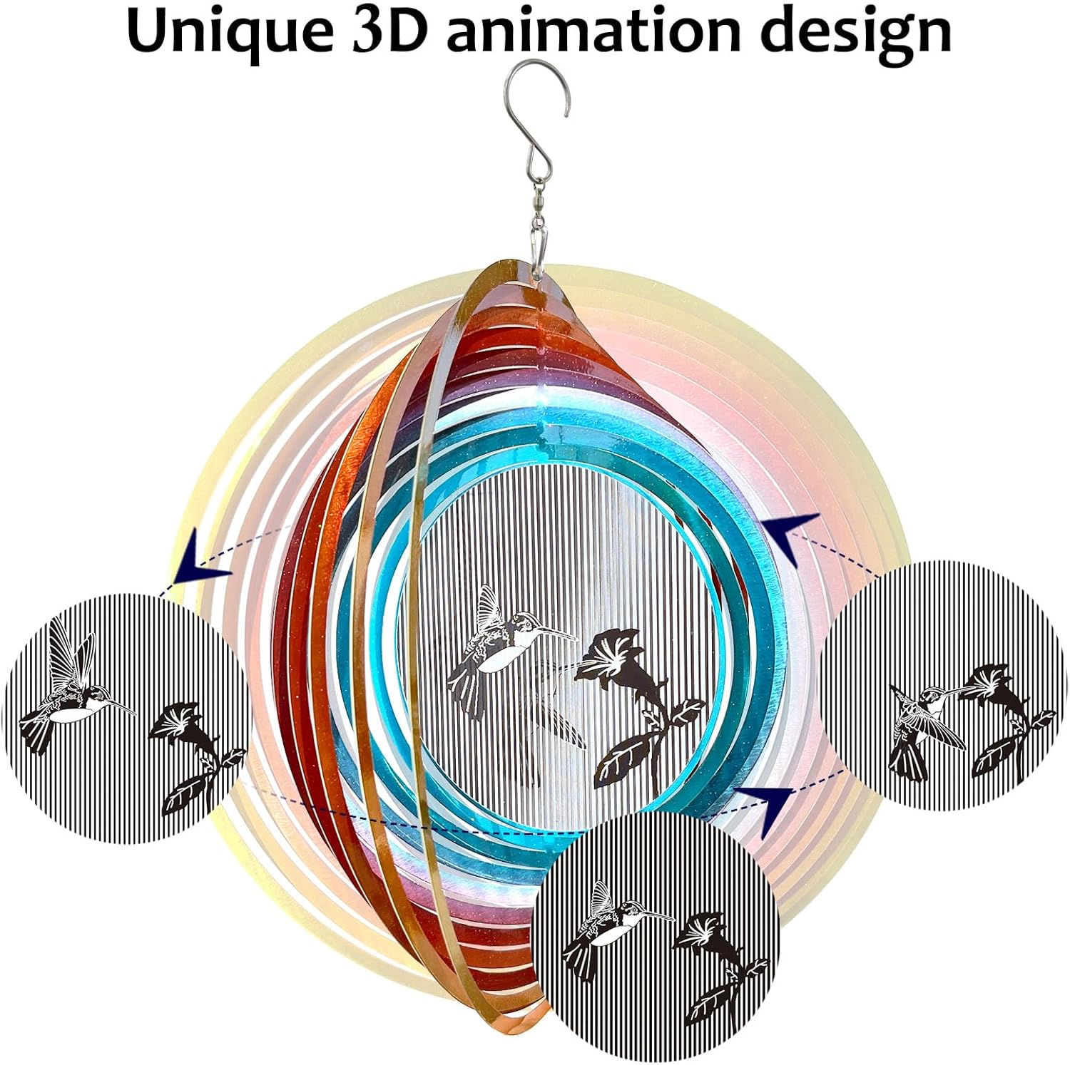 Aoedelyart 3D Animations Hummingbird Wind Spinner for Yard and Garden,12In Metal Wind Spinners Hummingbird Gift for Women Mom Grandma Wife,Outdoor Garden Decor Hanging Kinetic Yard Art Wind Sculpture - Image 2