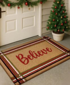 WILLBOND Christmas Coir Doormat Outdoor Welcome Door Mat 28 x 16 Inch Red and Green Striped Believe Xmas Floor Mat Non Slip Heavy Duty for Xmas Indoor Outdoor Entrance Door Porch Front Decor