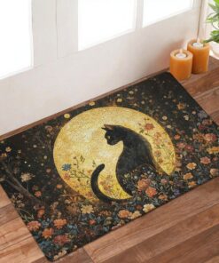 KBRCT Vintage Moody Floral Black Cat Door Mat Outdoor Indoor Entrance Entryway, Dark Academia Witchy Celestial Full Moon Doormat Inside Outside, Black Cat Welcome Mats for Front Door, 17x30 Inch