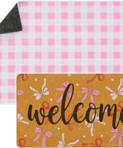 Tinideya 2 Pcs Pink Bow Welcome Doormat 23x35 in Layered Buffalo Plaid Carpet Coquette Non Slip Pink Bow Bathroom Mat Coir Mats Cute for Entrance Porch Indoor Outside Home Decor Gift Supplies