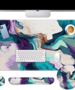 Britimes Teal and Purple Liquid Marbling Keyboard Mouse Pad Set 4in1 Large Mousepad+Keyboard Wrist Rest+Mouse Wrist Rest+Coaster Set with Ergonomic Design for Home Office Computer 35.4x15.7 inches