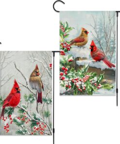 2 Pack Winter Cardinal Bird Garden Flags 12x18 Inch Double Sided Trees Snow Christmas Yard Flag Burlap Red Birds Welcome Garden Flag for Outdoor Yard Party Home Christmas Decoration