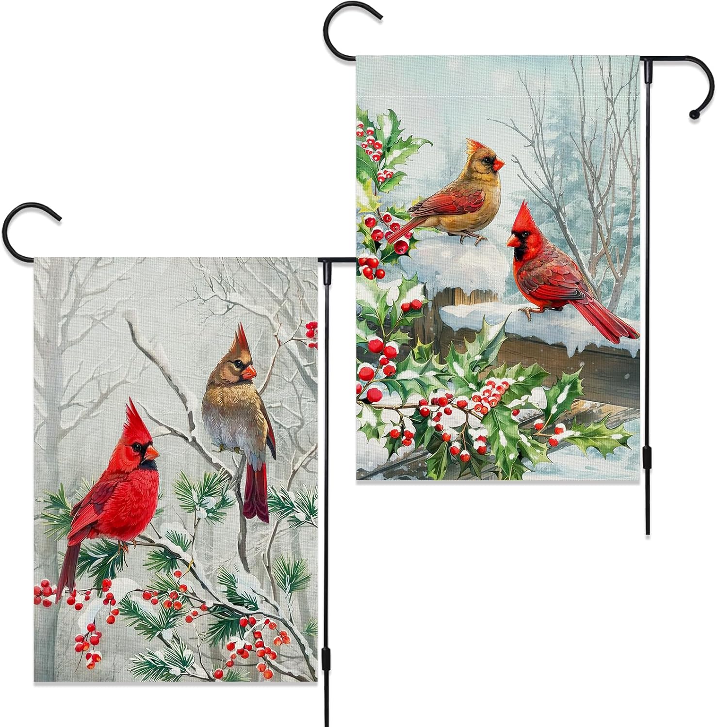 2 Pack Winter Cardinal Bird Garden Flags 12x18 Inch Double Sided Trees Snow Christmas Yard Flag Burlap Red Birds Welcome Garden Flag for Outdoor Yard Party Home Christmas Decoration