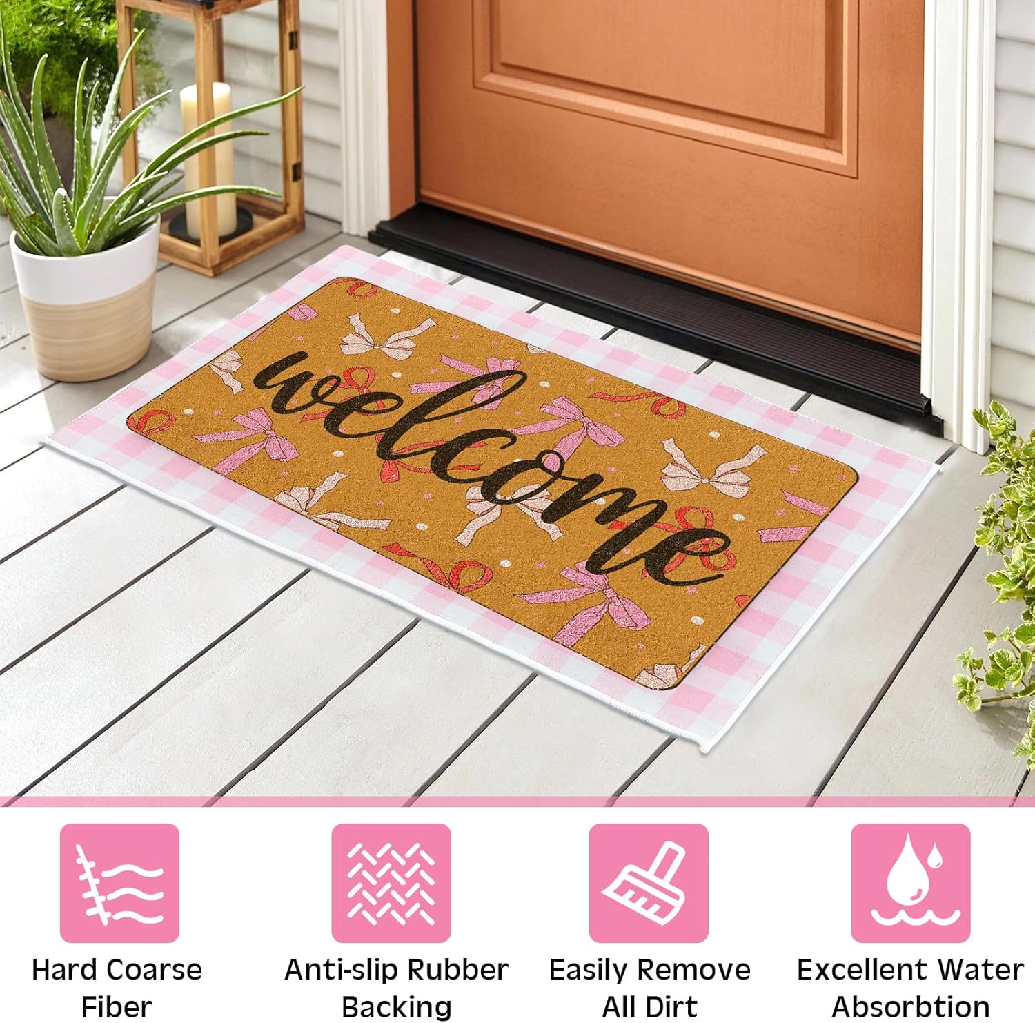 Tinideya 2 Pcs Pink Bow Welcome Doormat 23x35 in Layered Buffalo Plaid Carpet Coquette Non Slip Pink Bow Bathroom Mat Coir Mats Cute for Entrance Porch Indoor Outside Home Decor Gift Supplies - Image 4