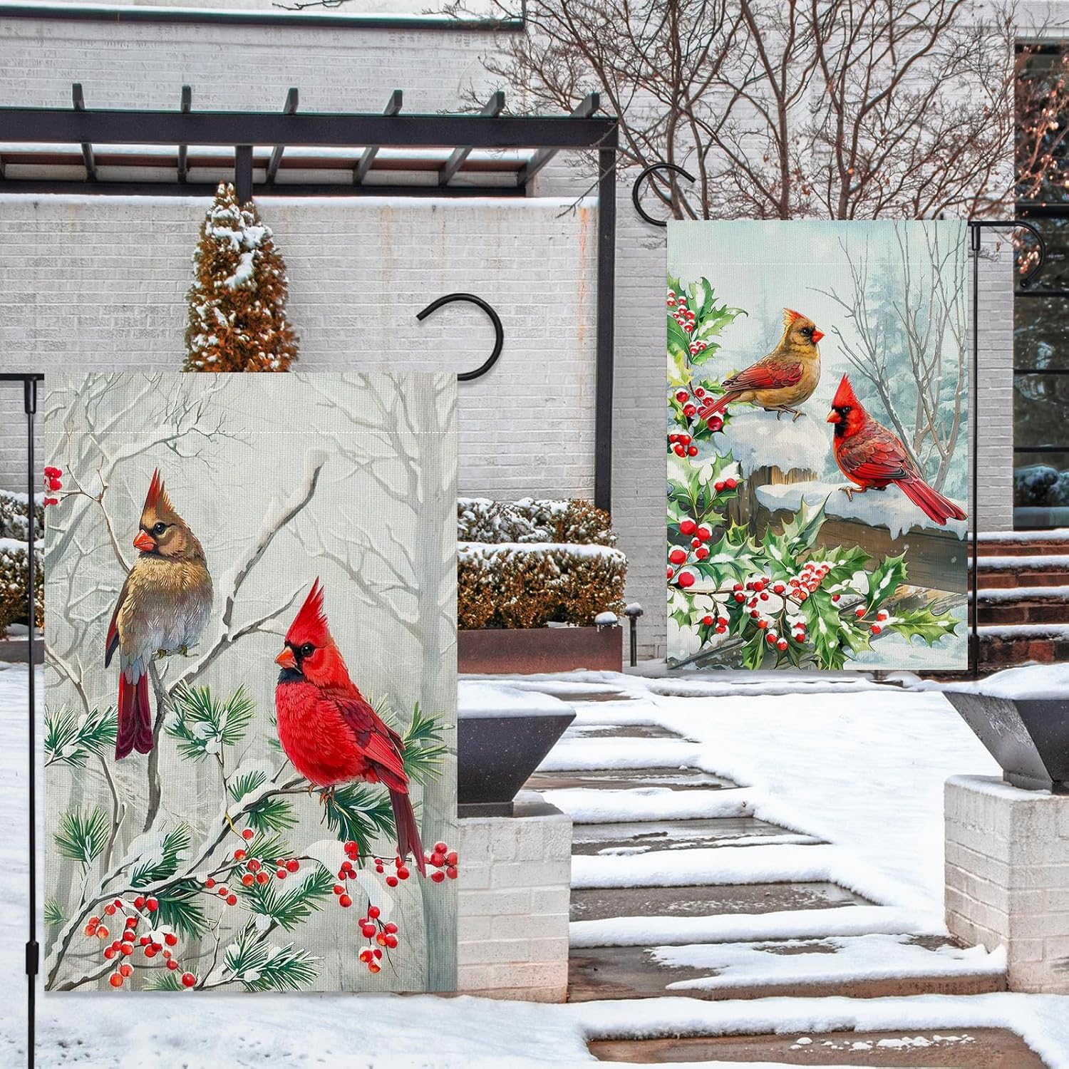 2 Pack Winter Cardinal Bird Garden Flags 12x18 Inch Double Sided Trees Snow Christmas Yard Flag Burlap Red Birds Welcome Garden Flag for Outdoor Yard Party Home Christmas Decoration - Image 4
