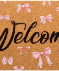 Tinideya Pink Bow Nature Coir Doormat Outdoor Cute Welcome Mats Non Slip Coquette Pink Bow Mat for Front Door Porch Coquette Party Outdoor Entryway Decor, 17 x 30 Inch(Black Welcome)