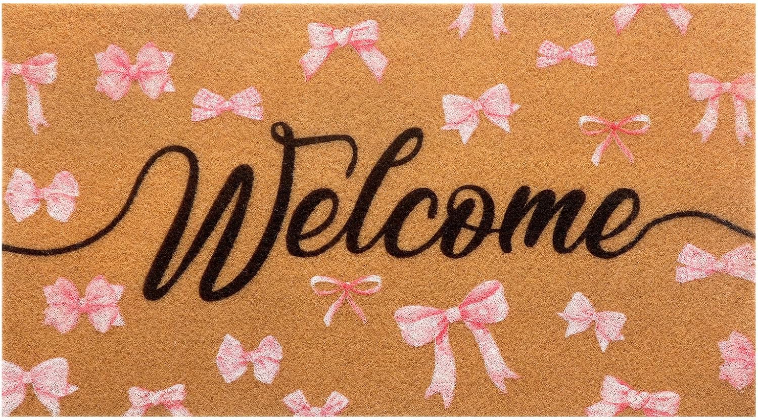 Tinideya Pink Bow Nature Coir Doormat Outdoor Cute Welcome Mats Non Slip Coquette Pink Bow Mat for Front Door Porch Coquette Party Outdoor Entryway Decor, 17 x 30 Inch(Black Welcome)
