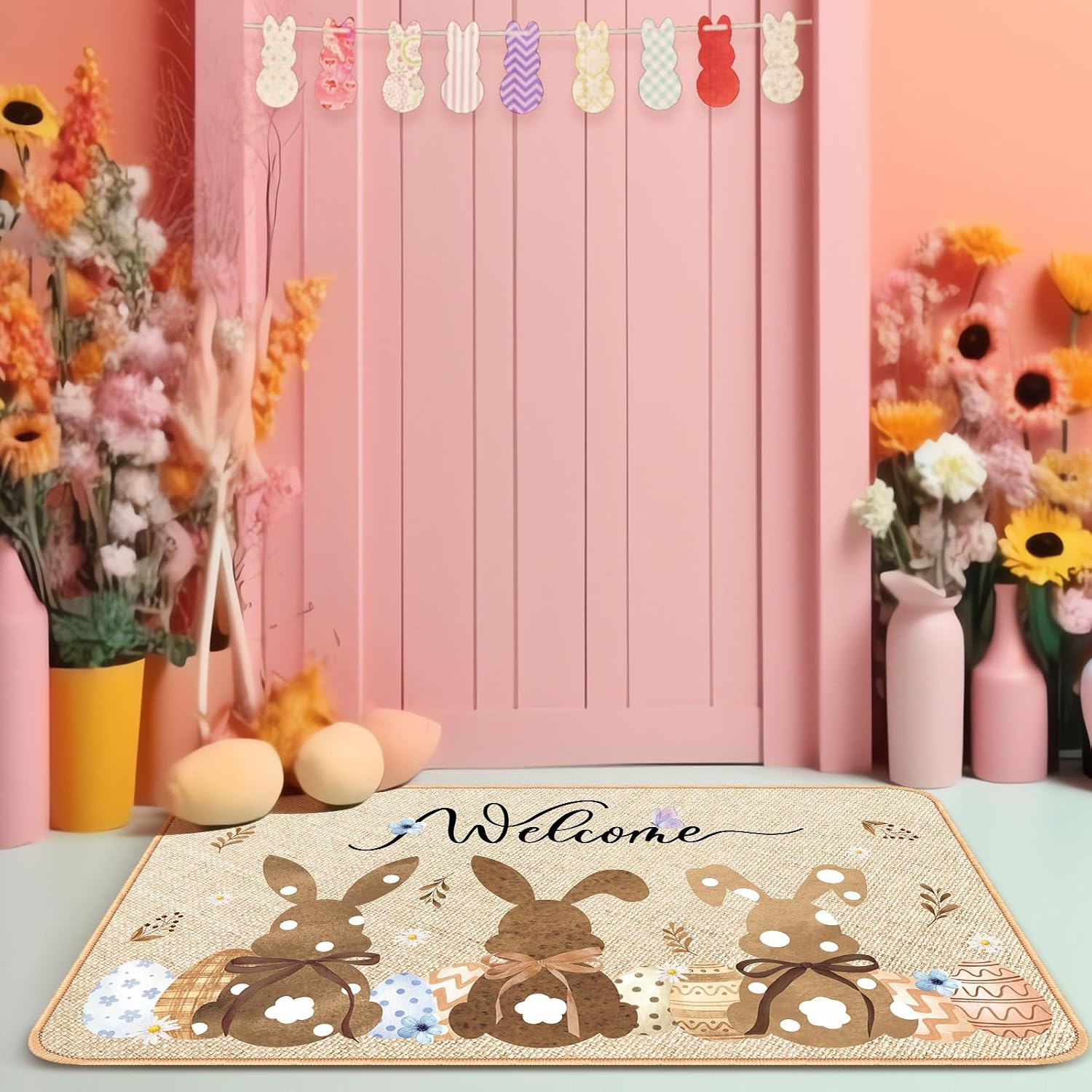Zhanmai Welcome Mats Door Mat Indoor Entrance Cute Decorative Outdoor Doormats Non Slip Outside Door Mats for Front Door Spring Rugs, 16" x 28"(Rabbit) - Image 6