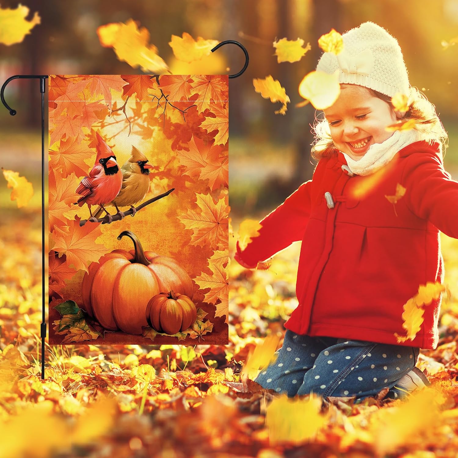 2 Pack Fall Thanksgiving Pumpkin Garden Flag Halloween 12 x 18 Inch Double Sided Vertical Burlap Cardinals Bird Fall Garden Flag for Seasonal Holiday Outdoor Yard Decoration - Image 4