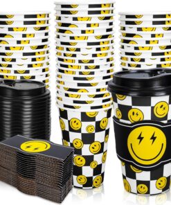 Whaline 50Pcs Smile Face Disposable Paper Cups with Lids and Sleeves 16Oz Black White Checkered Smile Pattern Coffee Cups for One Happy Dude Birthday Baby Shower
