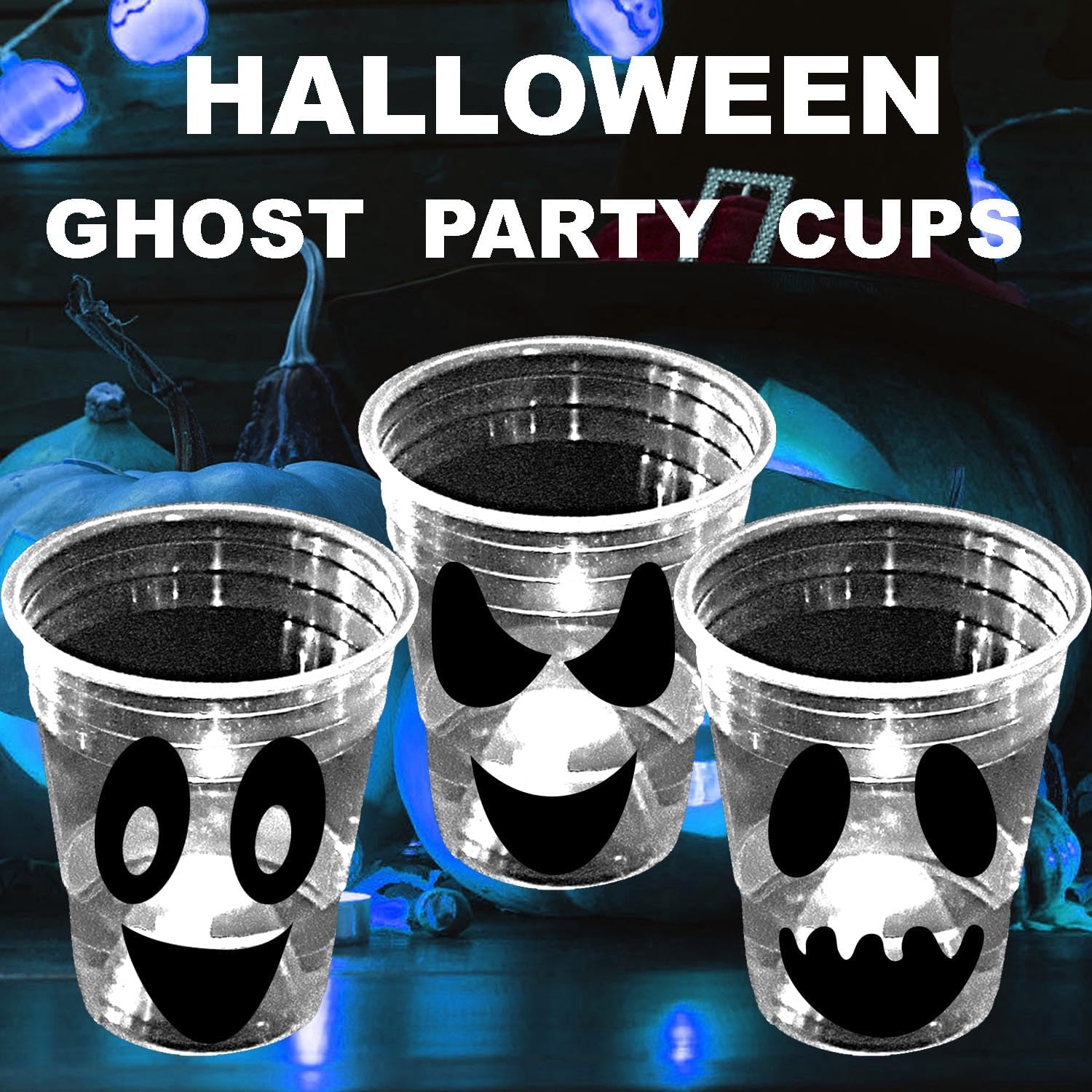 mishunyus 24 Pack Glow Halloween Ghost Cups Party Supplies, Available for Night Daytime, White Ghosts Face Party Cup, Holiday Spooky Trick or Treat Design (16 oz) - Image 5