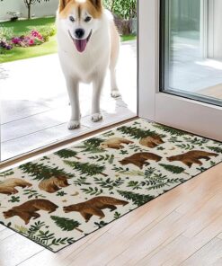 VODRM Bear Indoor Door Mat,Cute Woodland Pine Tree Retro Floor Doormat,17x29.5in,Non Woven Non Slip Rubber Backing Forest Animal Rug for Porch Insider,Bedroom,Kitchen,Doormats Gifts,Rv Camper Decor