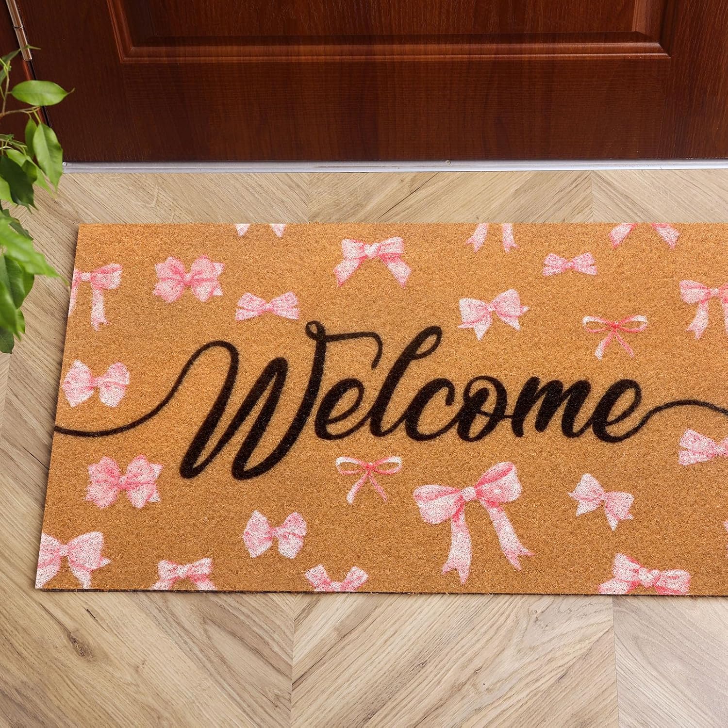 Tinideya Pink Bow Nature Coir Doormat Outdoor Cute Welcome Mats Non Slip Coquette Pink Bow Mat for Front Door Porch Coquette Party Outdoor Entryway Decor, 17 x 30 Inch(Black Welcome) - Image 5
