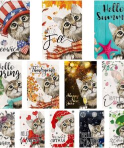 Seasonal cat Garden Flags Set of 12 Double Sided 12x18 Inch Yard Flags,small garden flags for outside,Spring Fall Christmas Seasonal Flags for Outdoor Decorations,Holiday Garden Flags for All Seasons