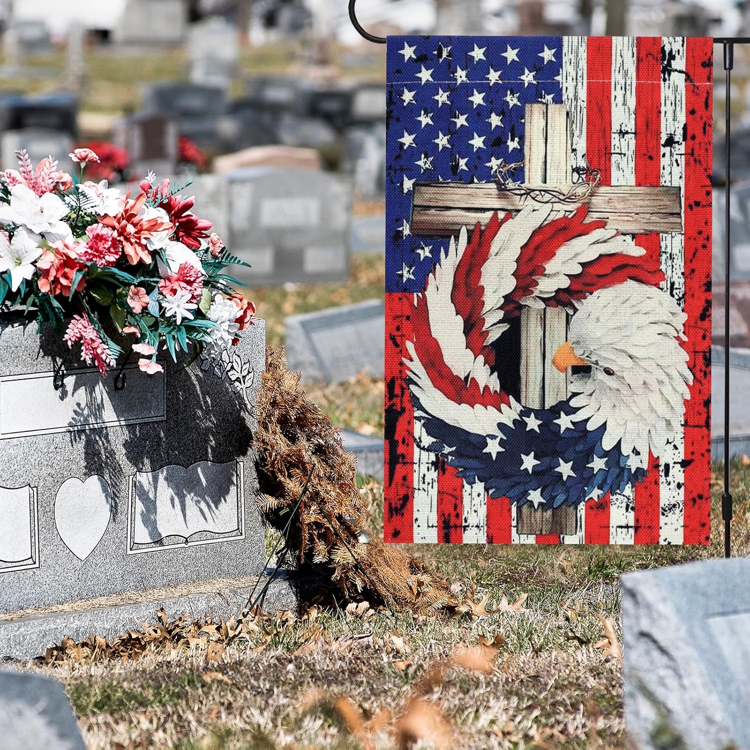 2 Pack 4th of July Patriotic Welcome Garden Flag 12 x 18 Inch Double Sided Vertical Burlap Stars and Stripes Eagle Wreath Garden Flag for Memorial Day Independence Day Outdoor Yard Decoration - Image 5