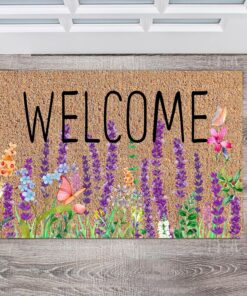Ceenna Spring Doormat Outdoor Lavender Butterfly Flower Welcome Coir Doormat Spring Front Door Mat with Non Slip Backing Purple Flower Outside Mat Front Porch Rugs for Home Entrance, 16 x 24 Inches