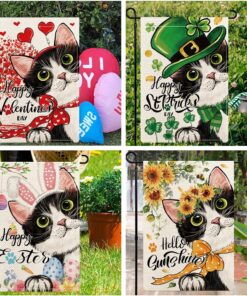 Alternative view of YOVOYOA Cute Black Cat Garden Flags for Outside Set of 12, Welcome Seasonal Garden Flags 12x18 Double Sided, Kitten Yard Flags for All Seasons and Holidays, Winter Spring Yard Flag for Holiday Decor