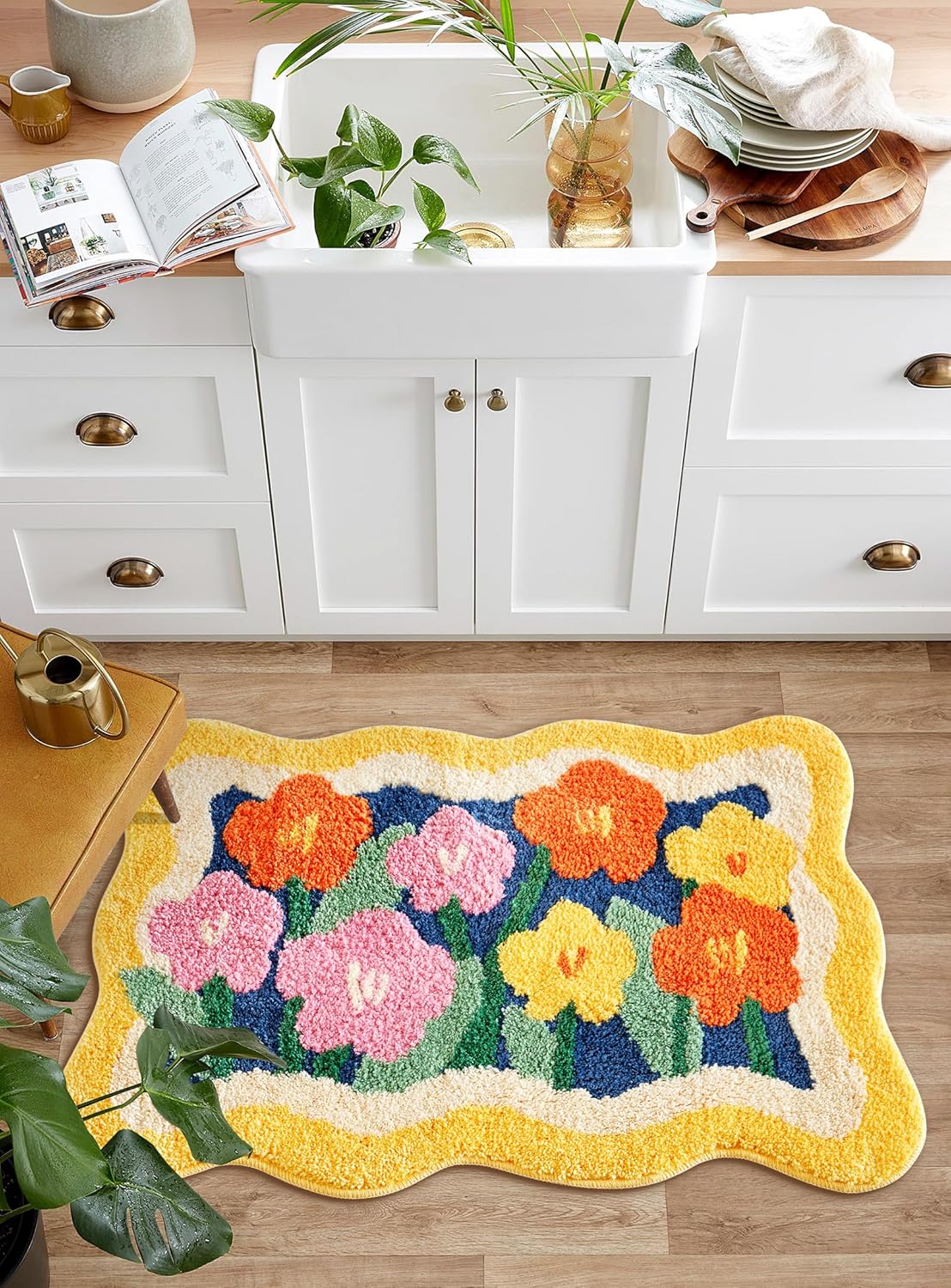 Aldopein Boho Floral Bath Mat 16''W x 24''L Non Slip Washable Cute Colorful Flower Daisy Bathroom Rug Water Absorbent, Vibrant Fluffy Shaggy Microfiber Shower Floor Mat Bath Rug for Bathroom - Image 3