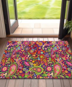 Boho Hippie Flowers Welcome Door Mat,Vivid Peace Doormat for Outside Entrance Home Decor,Non-Slip Carpet Rugs with Felt Entryway Mat for Patio Indoor Front 17" x 30"