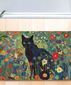 Alternative view of RYYCDOI Black Cat Wildflower Door Mat, Colorful Botanical Cat Doormat Outdoor Indoor Entrance Porch, Floral Outdoor Mat, Whimsical Black Kitten Welcome Mats for Front Door, 17x30 Inch