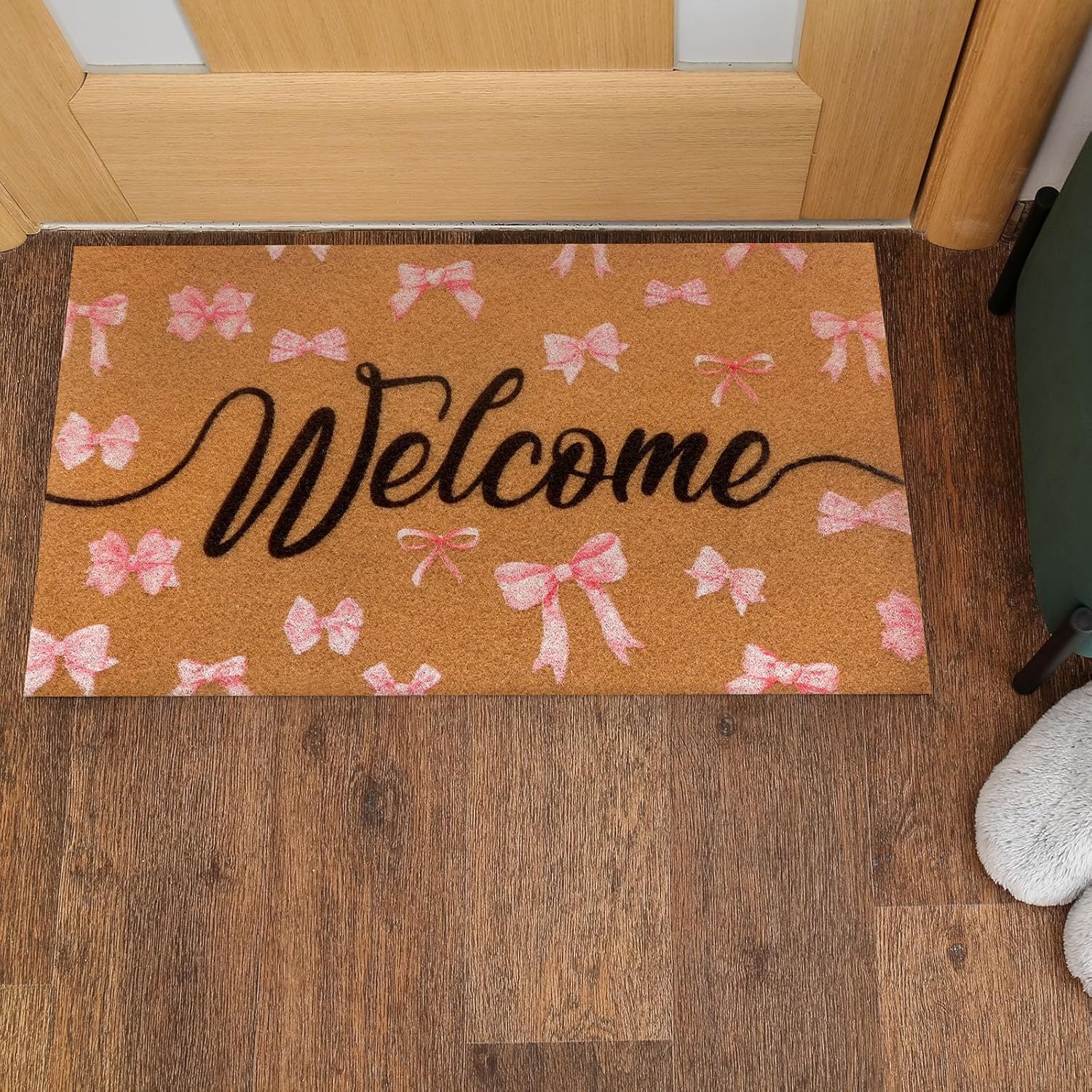 Tinideya Pink Bow Nature Coir Doormat Outdoor Cute Welcome Mats Non Slip Coquette Pink Bow Mat for Front Door Porch Coquette Party Outdoor Entryway Decor, 17 x 30 Inch(Black Welcome) - Image 6