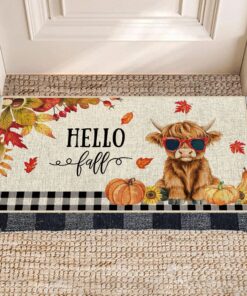 Alternative view of Dlzdn Hello Fall Highland Cow Pumpkin Door Mat Seasonal Non-Slip Rubber Backed Entryway Rugs for Indoor Outdoor Entrance Floor 16 x 30 Inch