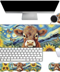 Desk Mat Large Gaming Mouse pad Set 31.5x11.8 inch [4in1Mousepad + Keyboard Wrist Rest+Mouse Wrist Rest+Coaster ] with Ergonomic Desk Pad for Home Office Table Computer - Cute Highland Cow
