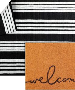 Maasechs 2 Pcs Welcome Door Mat 24'' x 35'' Black White Stripes Outdoor Rug and 24'' x 16'' Coir Doormat Non Slip Layered Front Mat for Indoor Entrance Floor Porch Outside (Welcome)