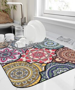 Dish Drying Mat Bohemia Vintage Decorative Pattern Kitchen Mat 12"x19" Bsorbent Coffee Maker Mat for Dishes,Utensils Coffee Maker Pots and Pans Easy Clean Dish Slip Resistant Pad