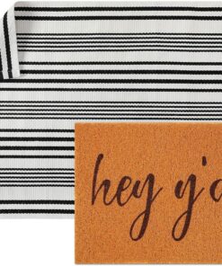 Maasechs 2 Pcs Hey Y'all Doormat 24'' x 35'' Black White Stripes Outdoor Rug and 24'' x 16'' Hey Yall Coir Doormat Welcome Mat Non Slip Floor Mat for Outside Entrance Front Porch(Hey Y'all)