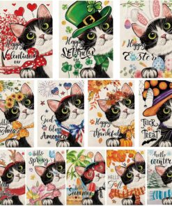 YOVOYOA Cute Black Cat Garden Flags for Outside Set of 12, Welcome Seasonal Garden Flags 12x18 Double Sided, Kitten Yard Flags for All Seasons and Holidays, Winter Spring Yard Flag for Holiday Decor