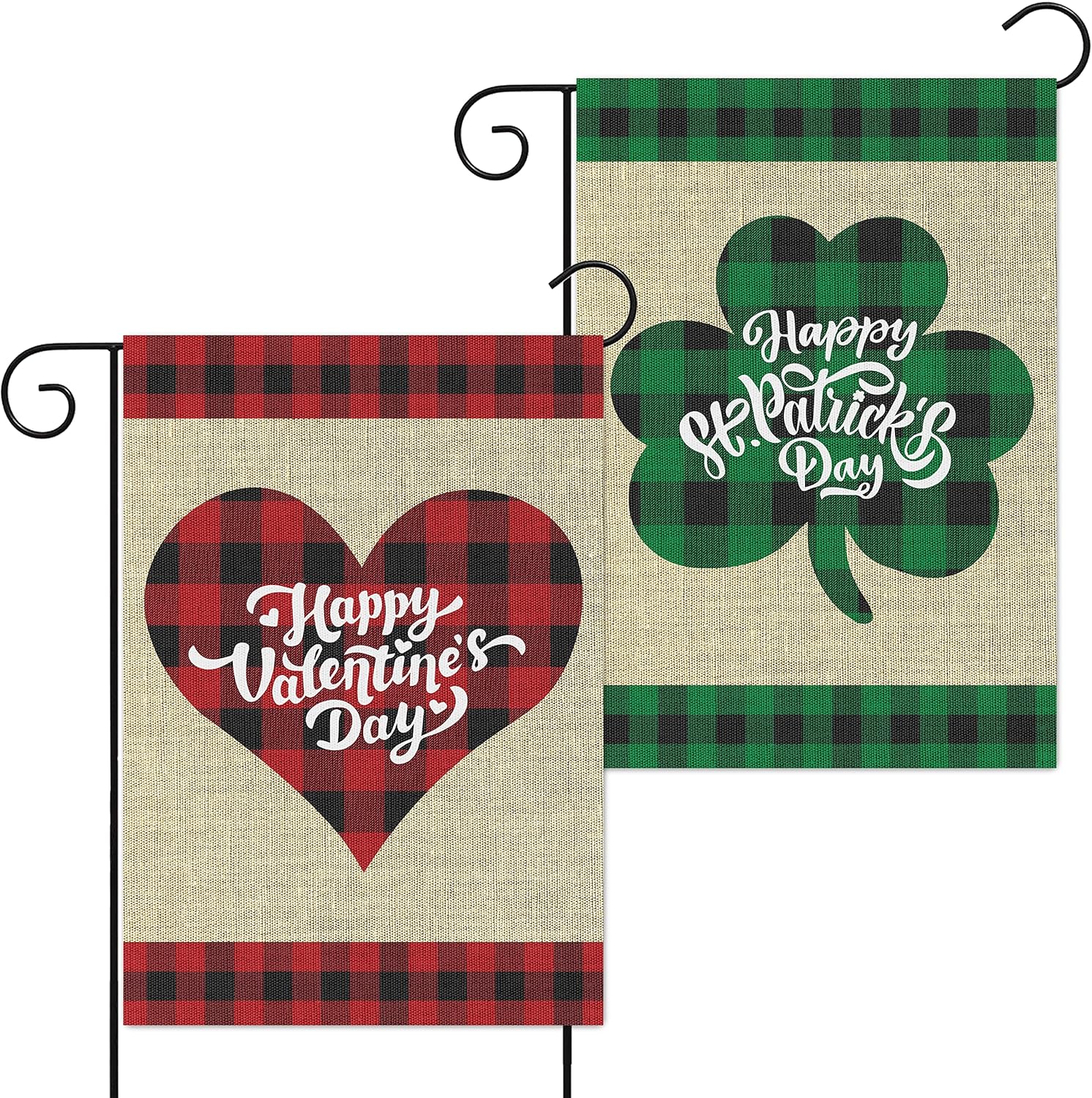 2Pcs Holiday Garden Flags Happy Valentine’s Flag Happy St. Patrick's Day Banners Burlap Yard Signs Vertical Double Sided House Flags Seasonal Festive Decorations for Indoor Outdoor Lawn, 12 x 18 inch